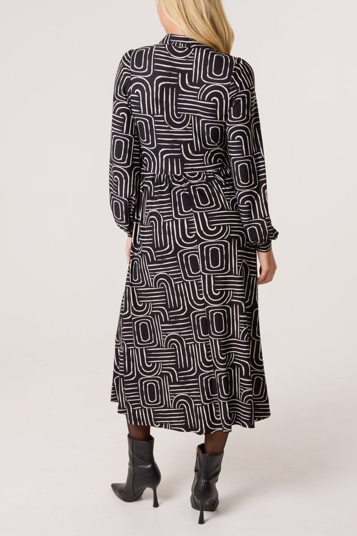 Geo Swirl Shirred Button Stretch Dress