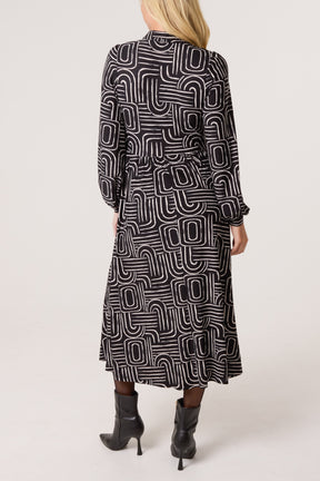 Geo Swirl Shirred Button Stretch Dress