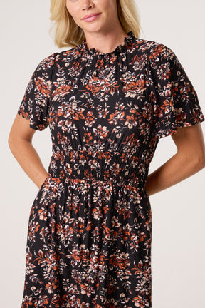 Floral Ruffle High Neck Stretch Dress
