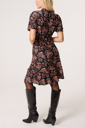Floral Ruffle High Neck Stretch Dress