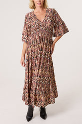 Aztec Print Shirred Waist Stretch Dress