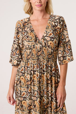 Boho Paisley Print V-Neck Stretch Dress
