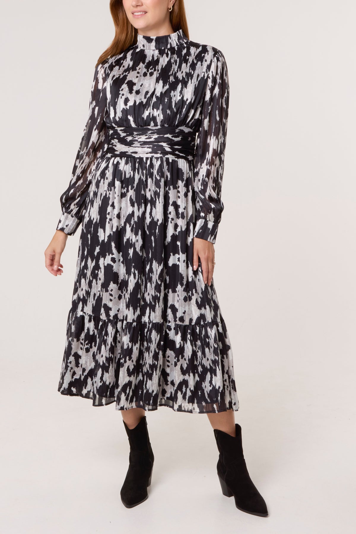 Abstract Print Belted High Neck Dress
