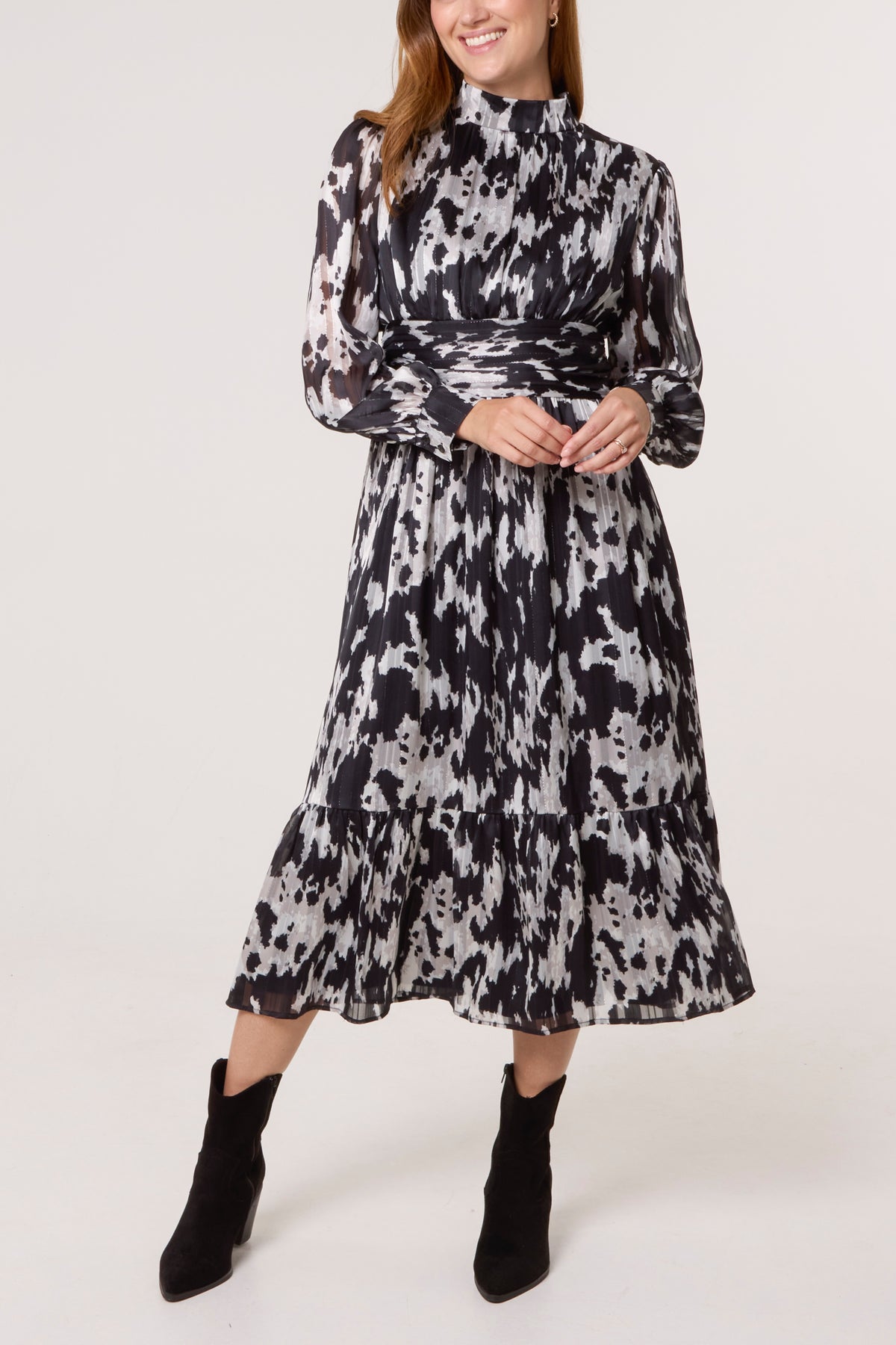 Abstract Print Belted High Neck Dress