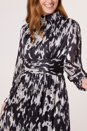 Abstract Print Belted High Neck Dress