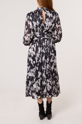 Abstract Print Belted High Neck Dress