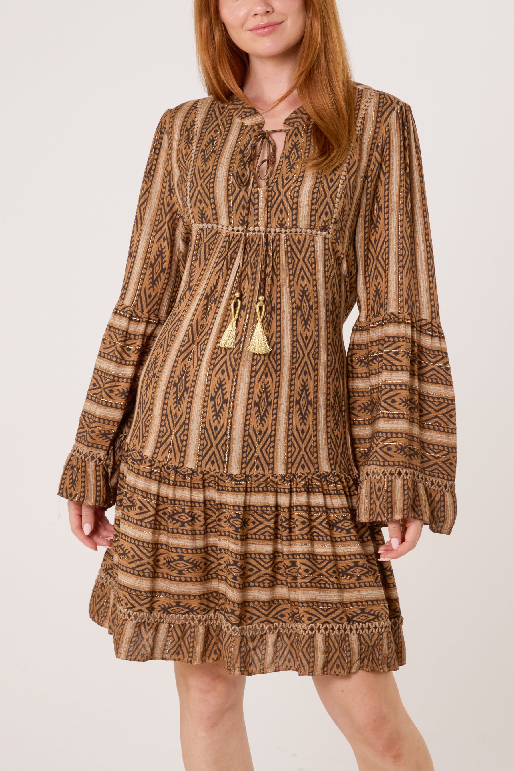 Metallic Aztec Tunic Tassel Dress