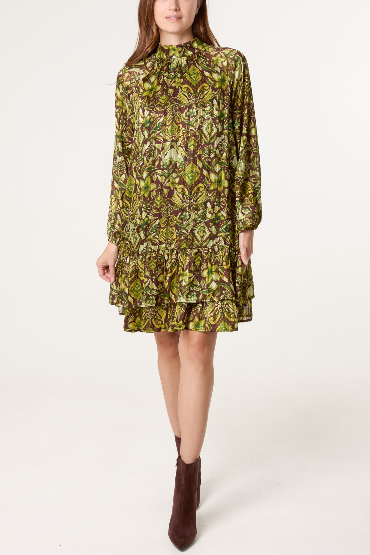 High Neck Tiered Frill Hem Dress