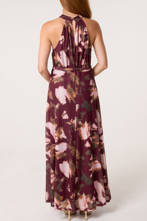 Floral Mesh Halterneck Belted Maxi Dress