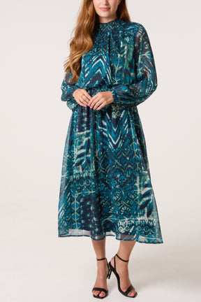 Abstract Leaf Print Puffball High Neck Dress