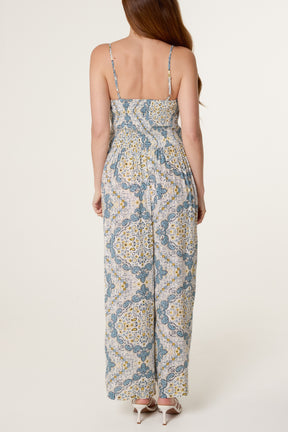 Ornamental Tile Shirred Jumpsuit