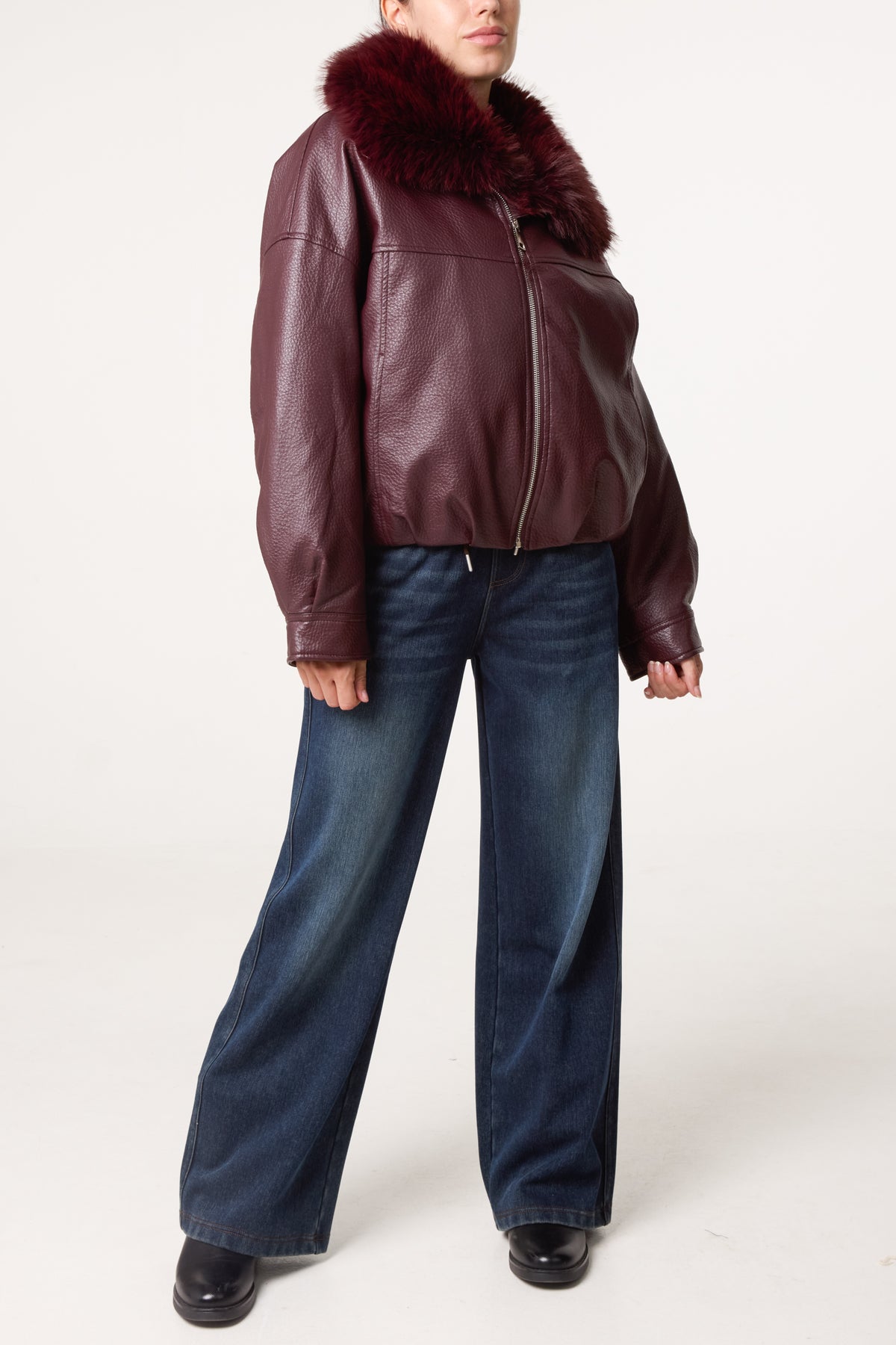 PU Zip Through Fur Trim Jacket