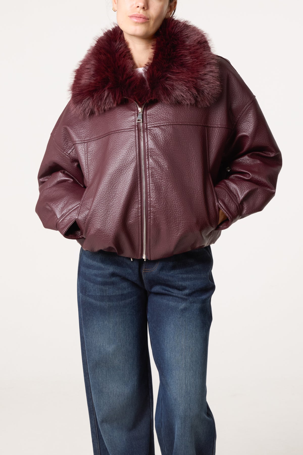 PU Zip Through Fur Trim Jacket