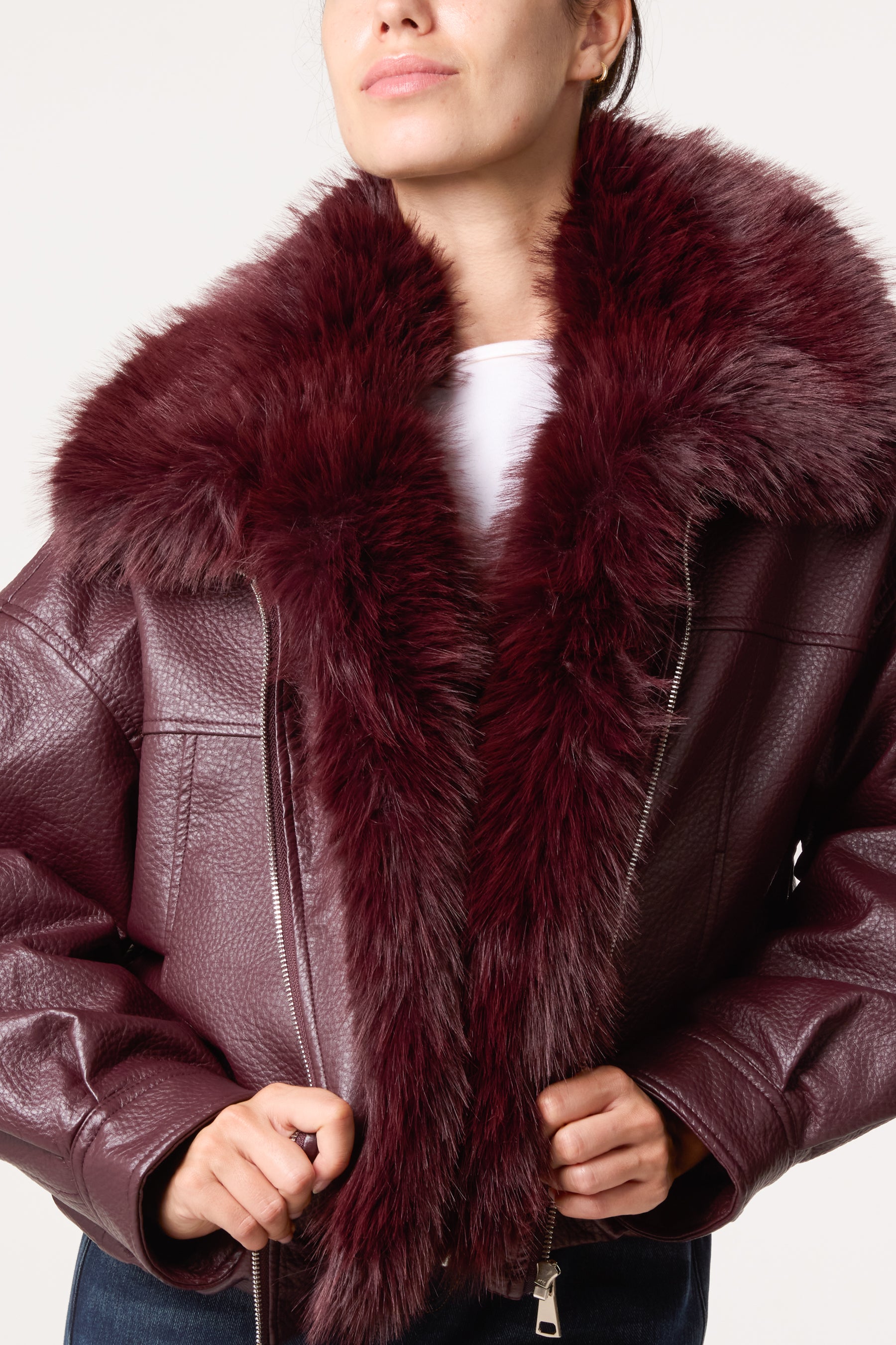 PU Zip Through Fur Trim Jacket