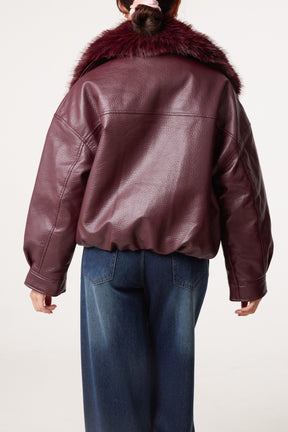 PU Zip Through Fur Trim Jacket