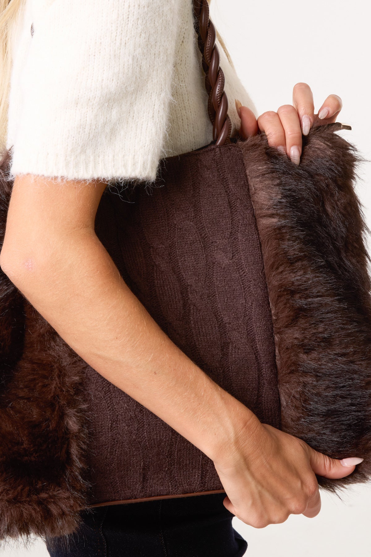 Cable Knit Faux Fur Tote Bag