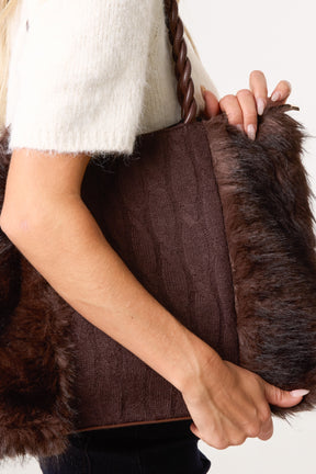 Cable Knit Faux Fur Tote Bag