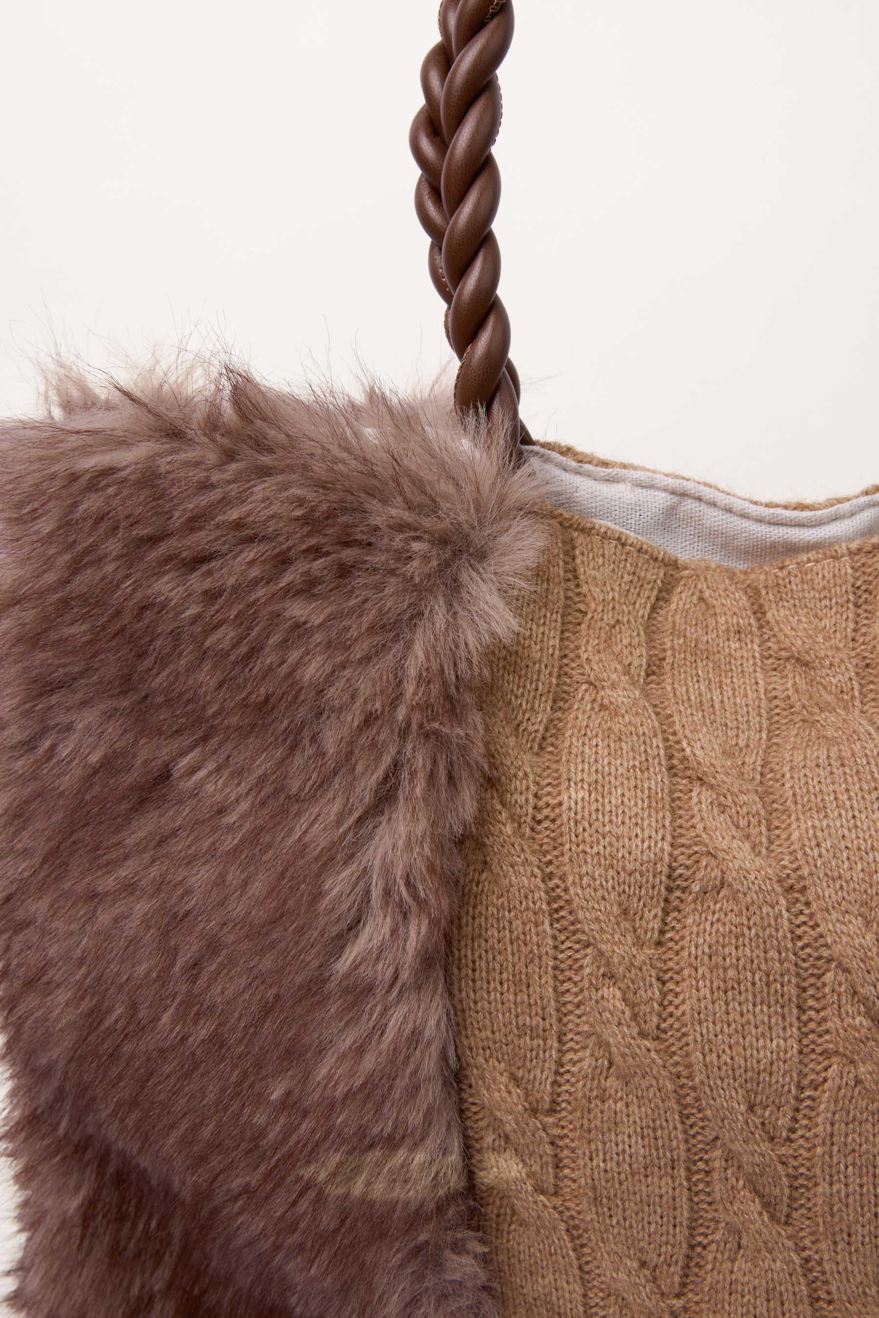 Cable Knit Faux Fur Tote Bag