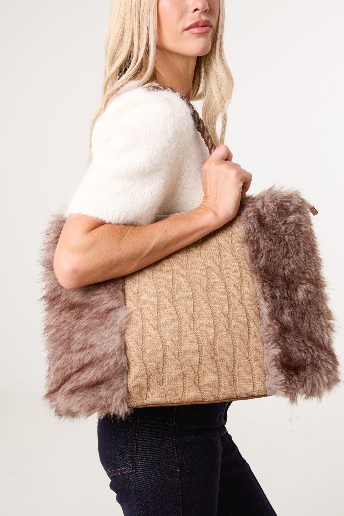 Cable Knit Faux Fur Tote Bag