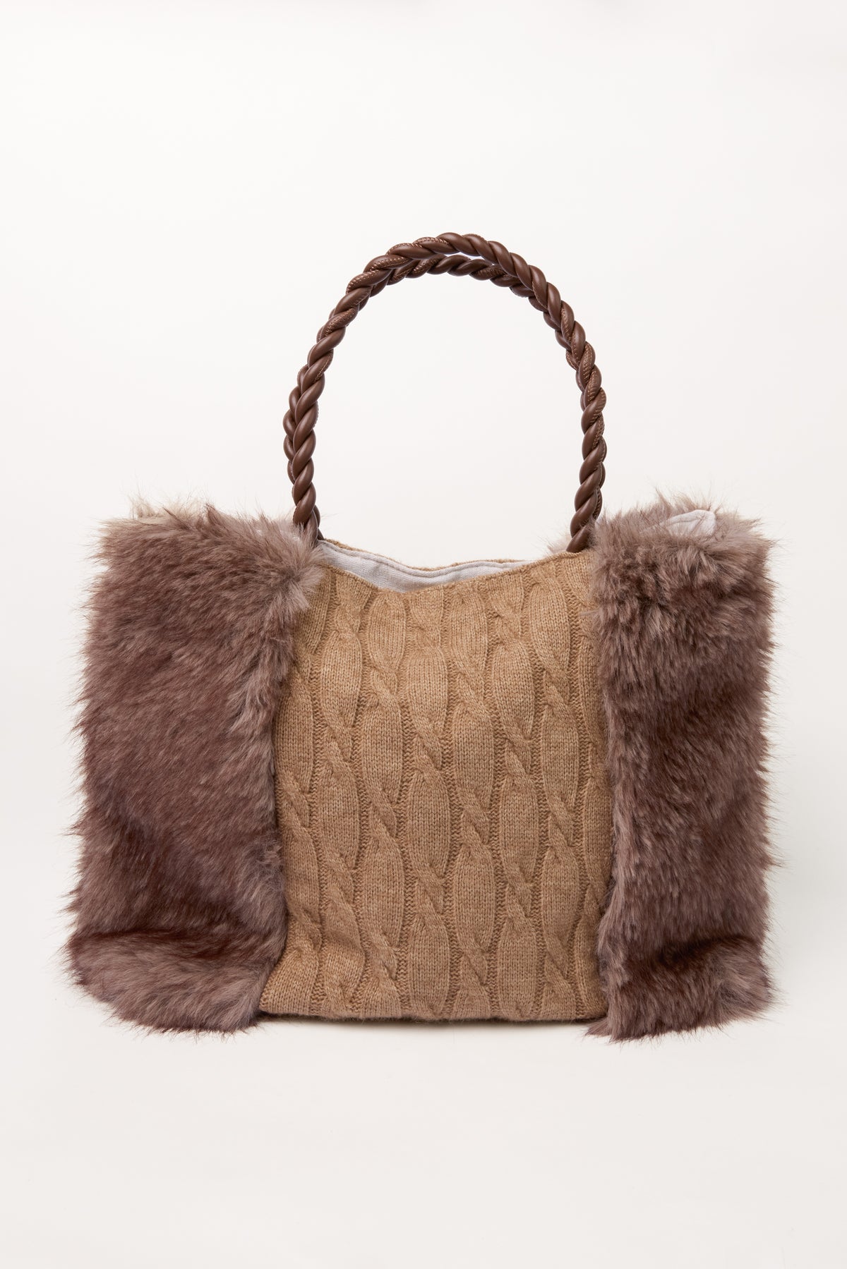 Cable Knit Faux Fur Tote Bag