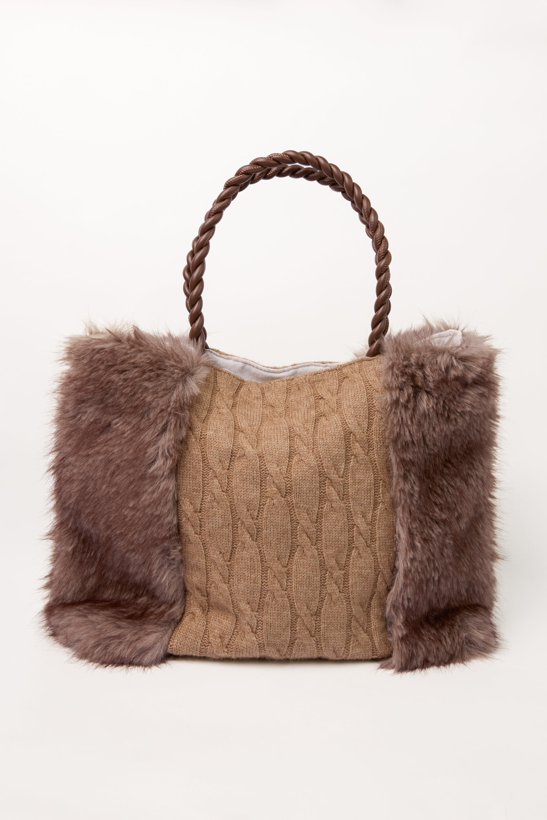 Cable Knit Faux Fur Tote Bag