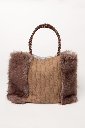 Cable Knit Faux Fur Tote Bag
