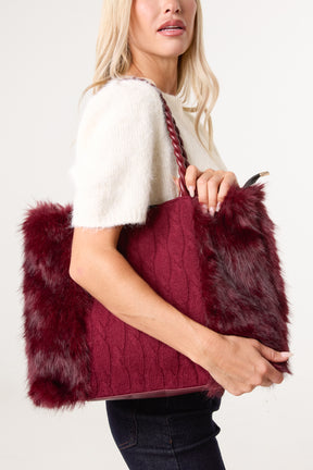 Cable Knit Faux Fur Tote Bag
