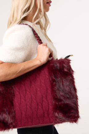 Cable Knit Faux Fur Tote Bag