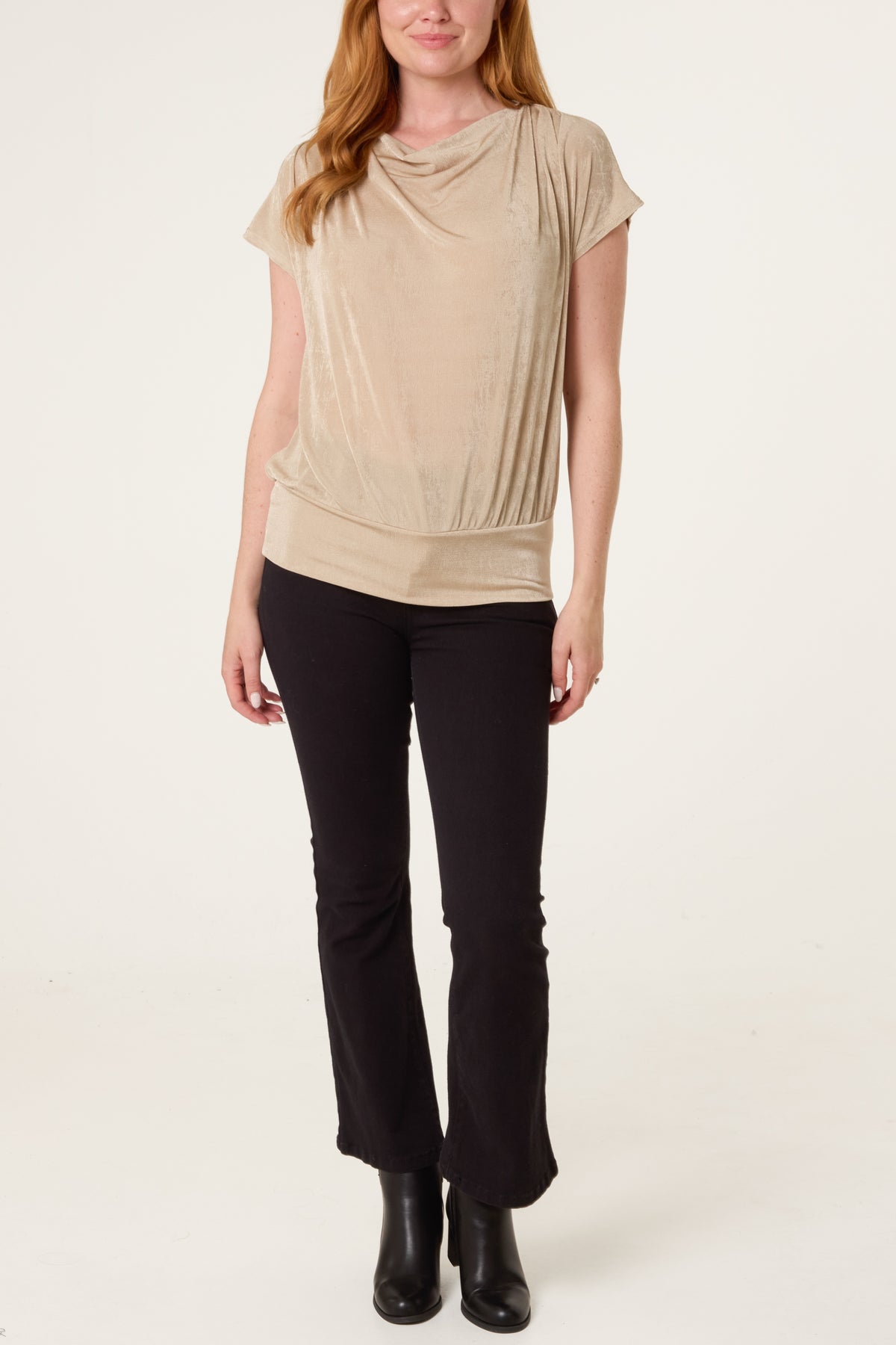 Metallic Draped Cowl Neck Hem Top