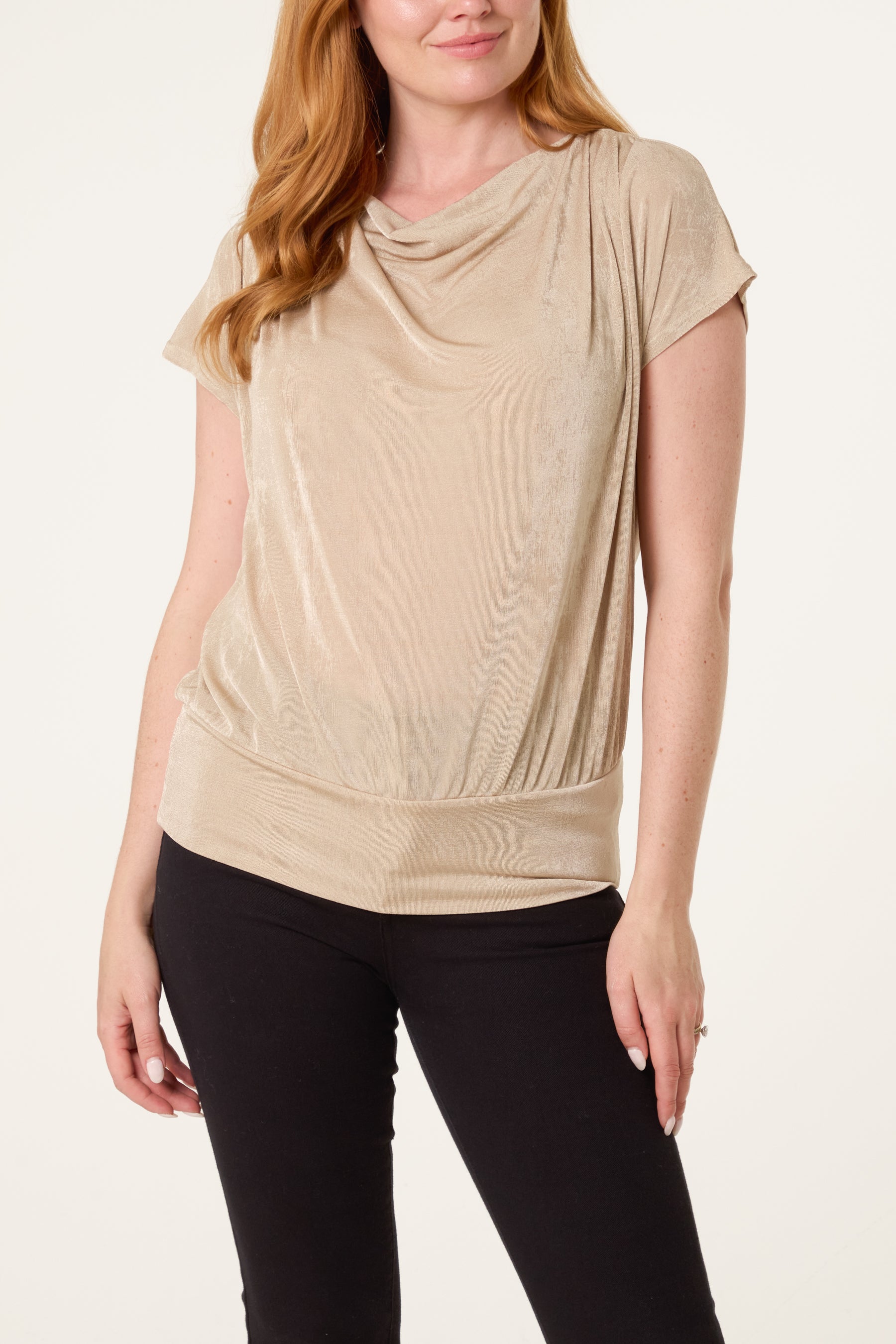 Metallic Draped Cowl Neck Hem Top