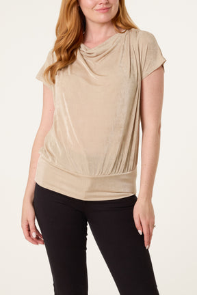 Metallic Draped Cowl Neck Hem Top