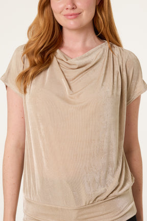 Metallic Draped Cowl Neck Hem Top