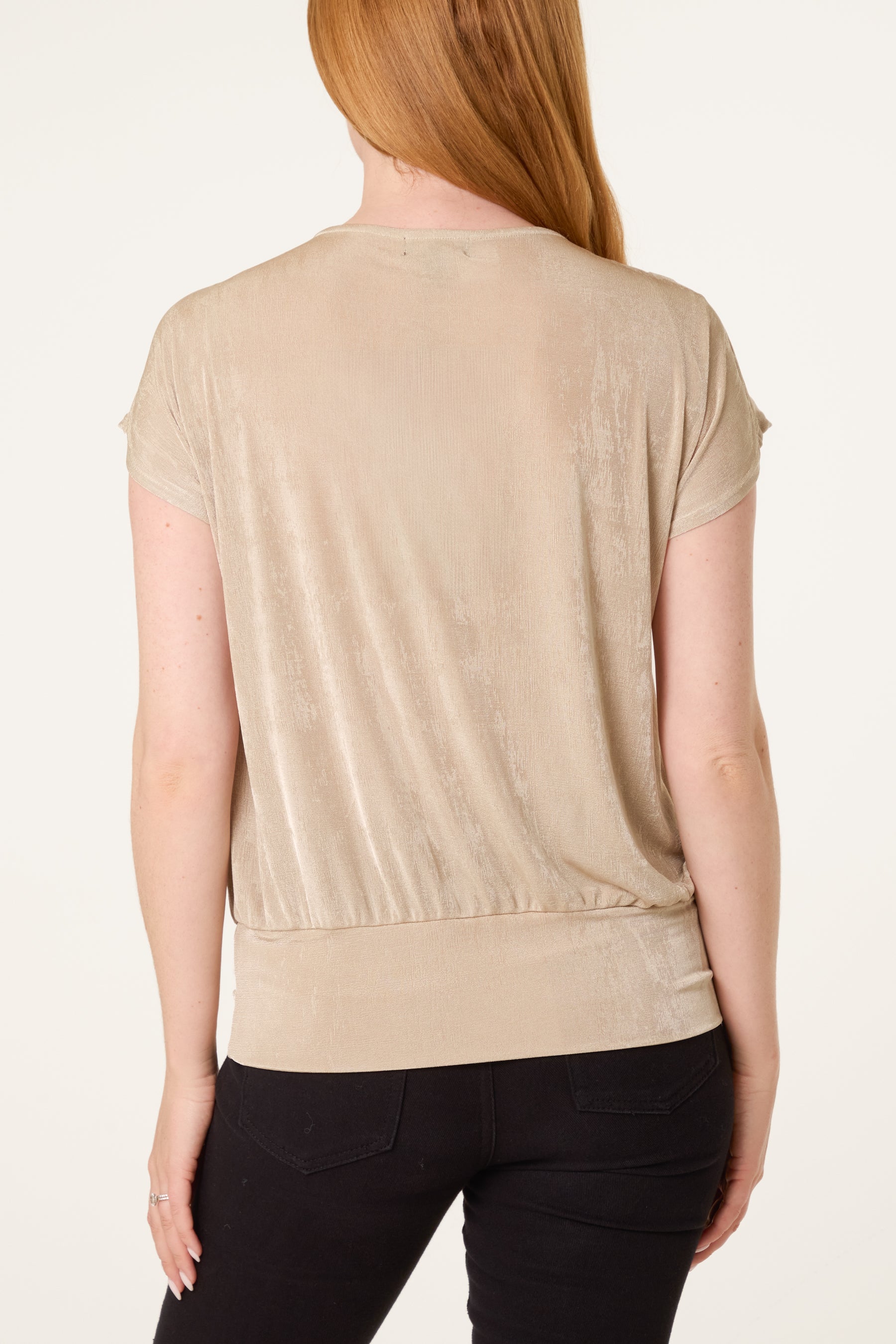 Metallic Draped Cowl Neck Hem Top