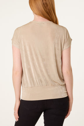 Metallic Draped Cowl Neck Hem Top