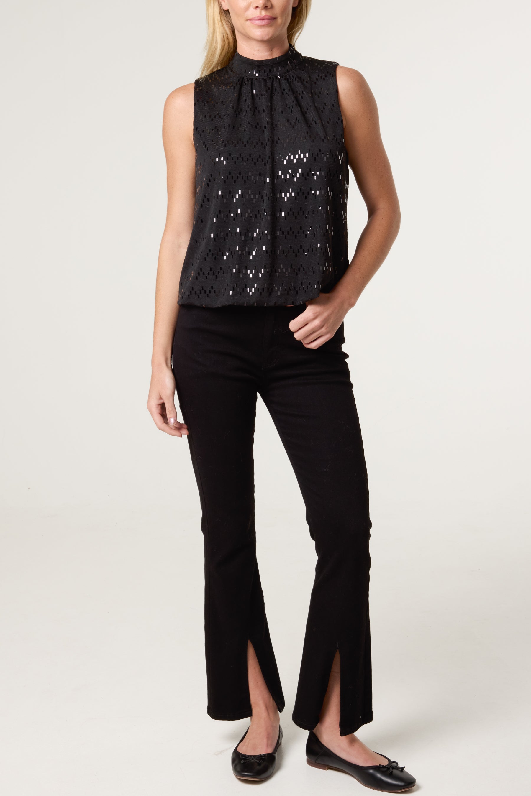 High Neck Lurex Puff Ball Blouse