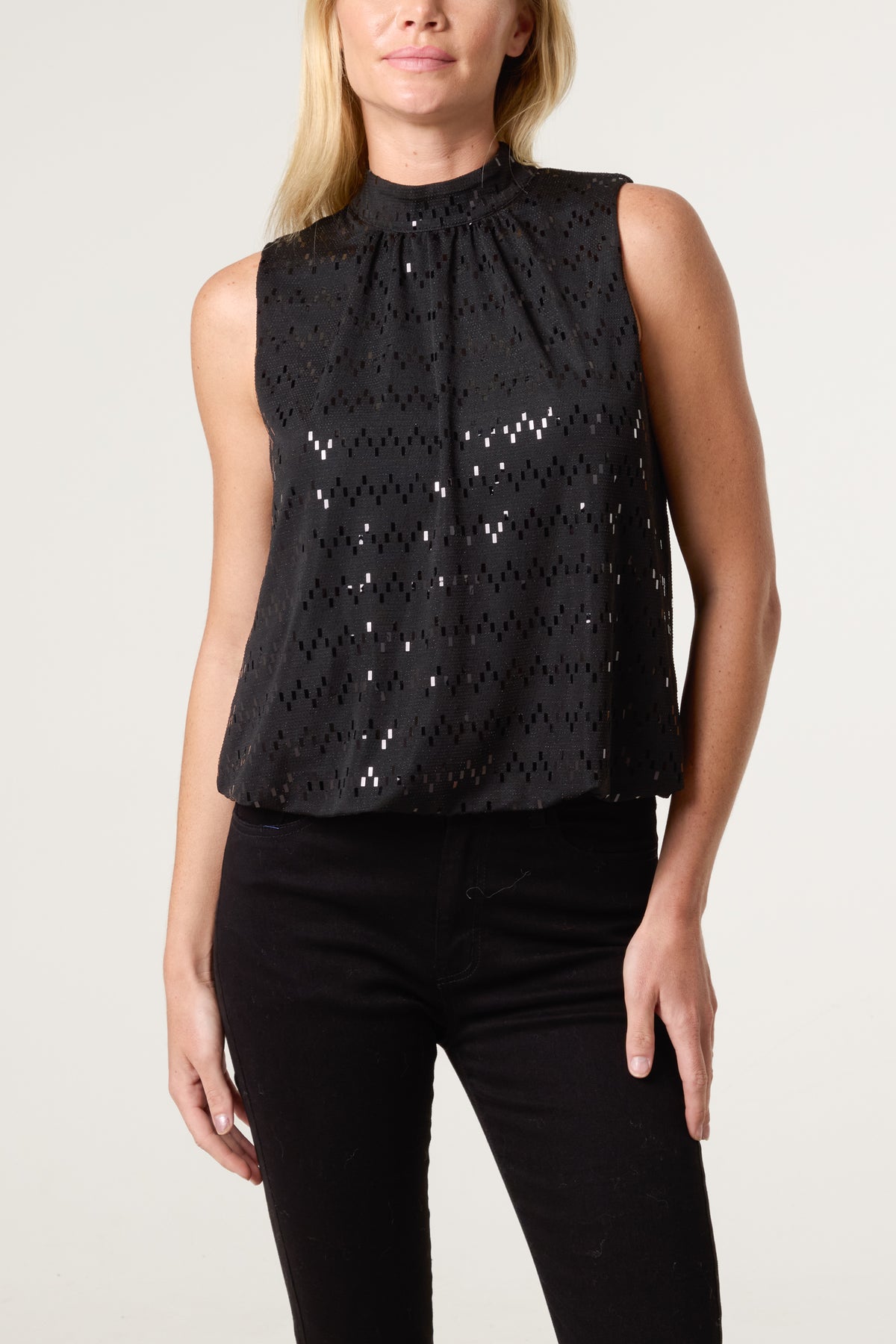High Neck Lurex Puff Ball Blouse