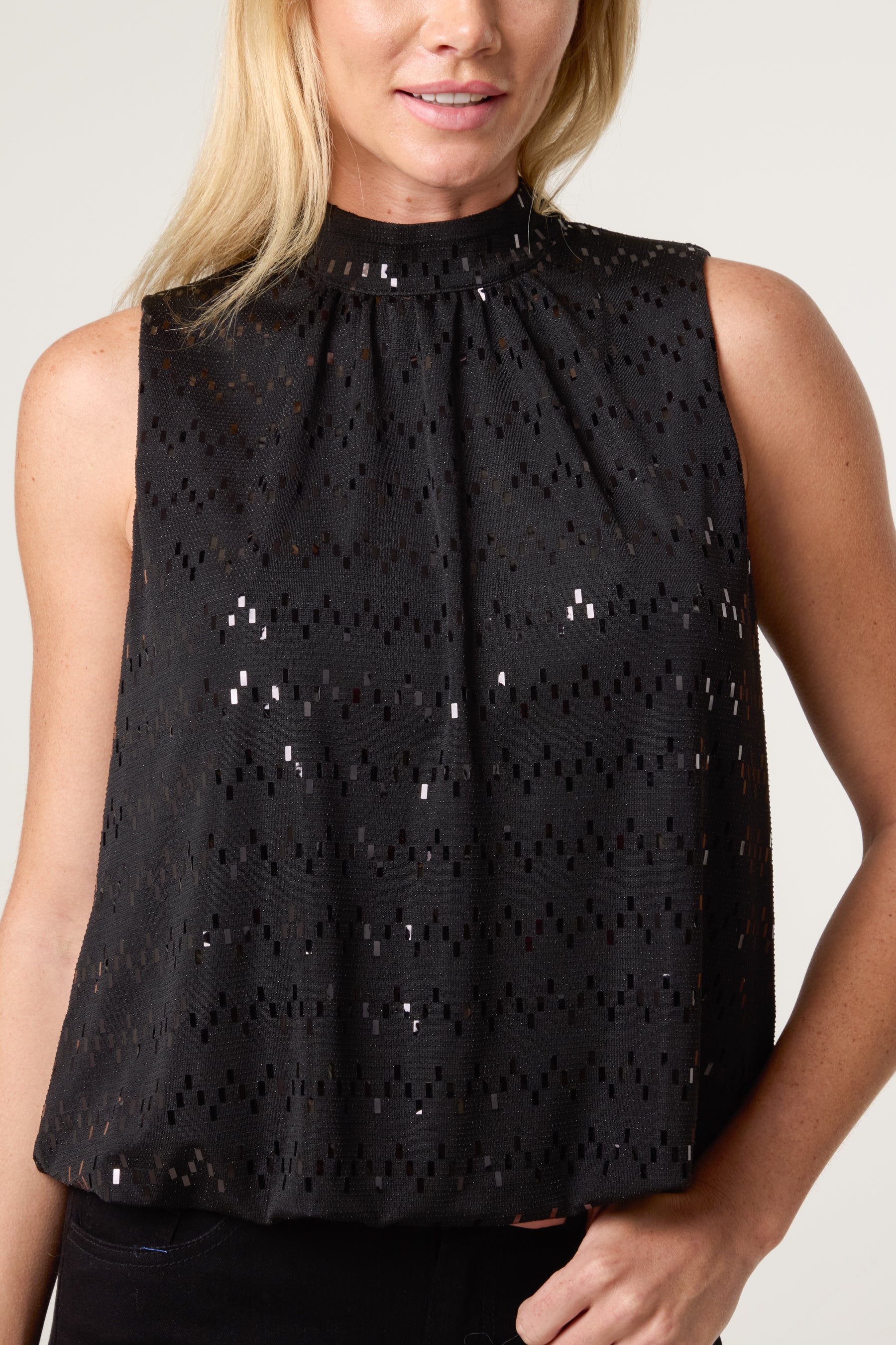 High Neck Lurex Puff Ball Blouse