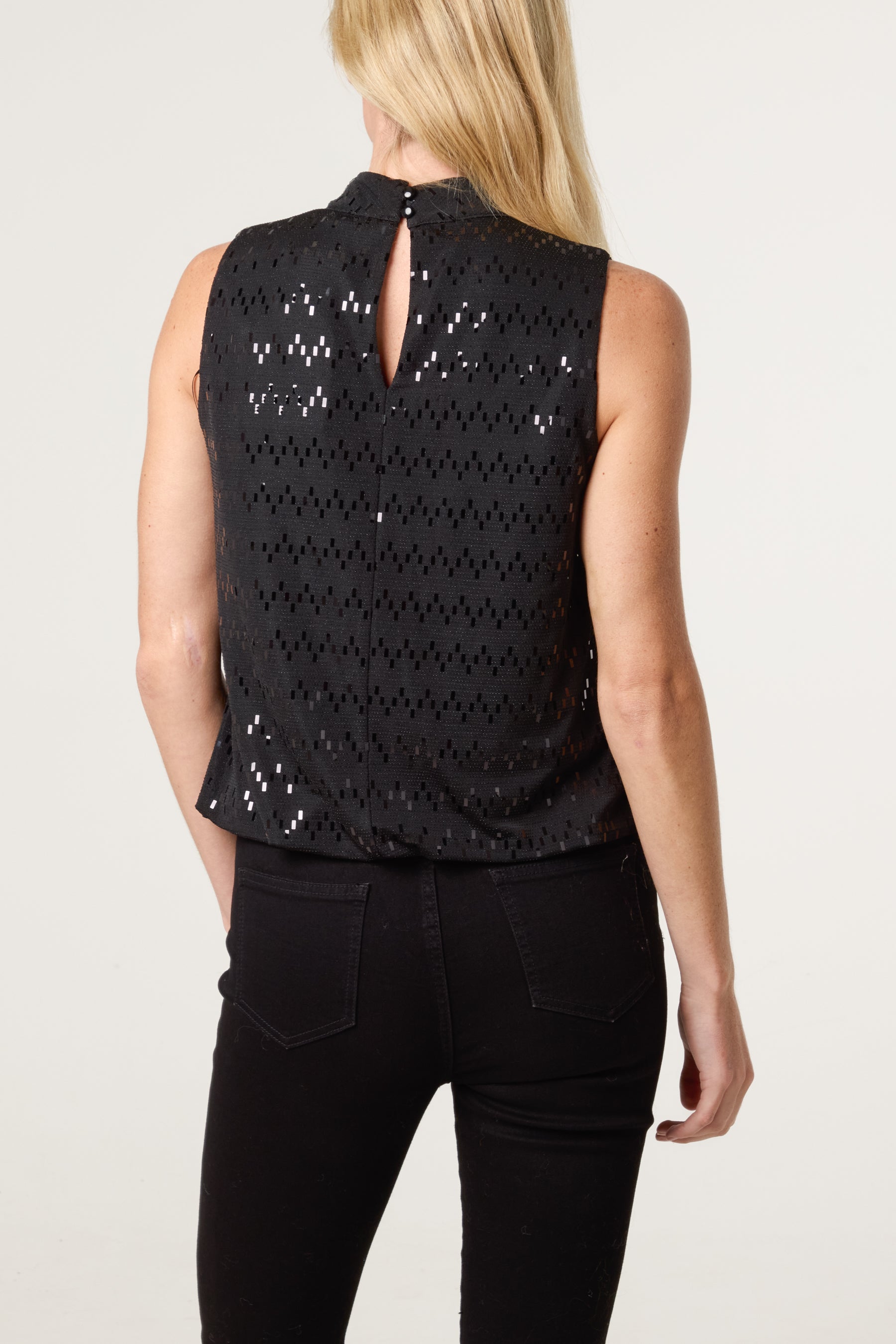 High Neck Lurex Puff Ball Blouse