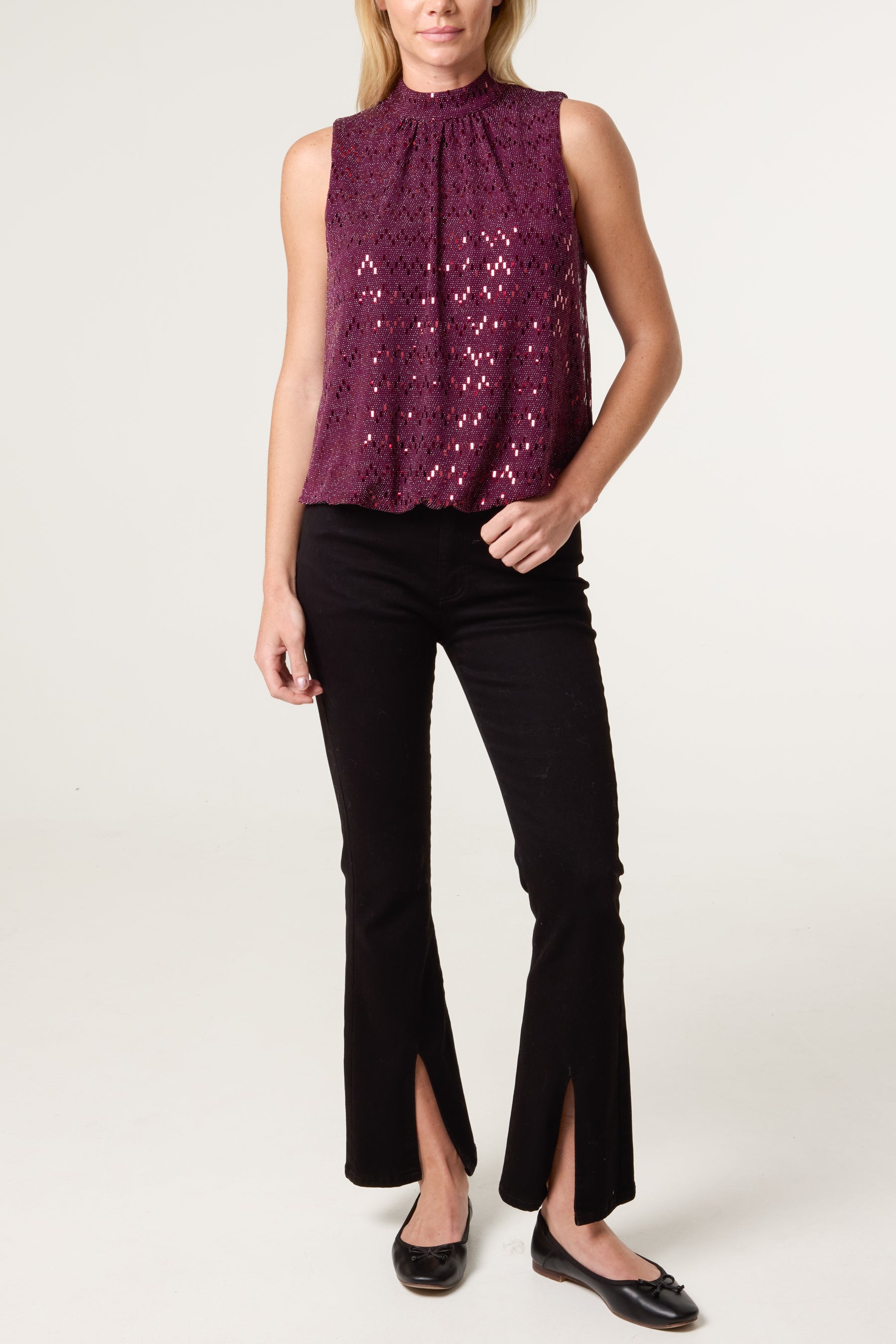 High Neck Lurex Puff Ball Blouse