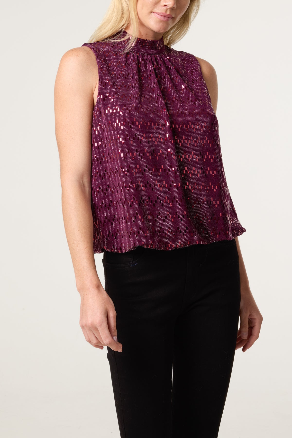 High Neck Lurex Puff Ball Blouse