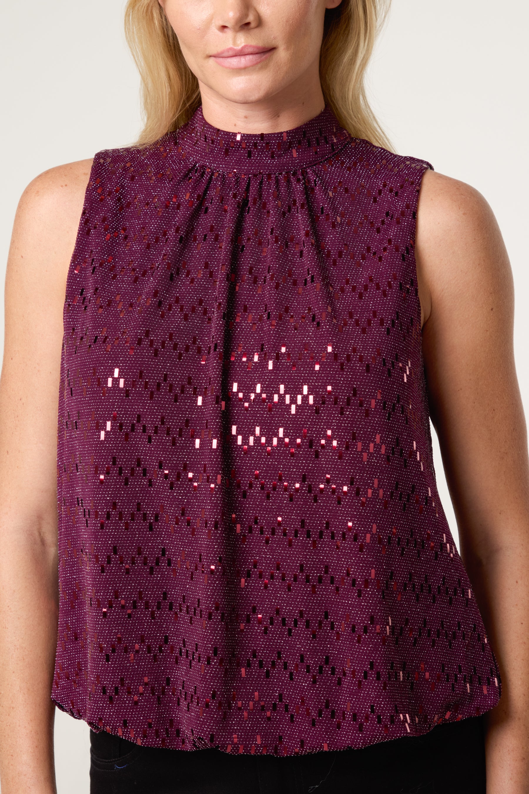 High Neck Lurex Puff Ball Blouse