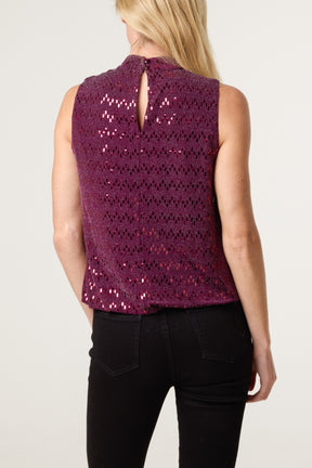 High Neck Lurex Puff Ball Blouse