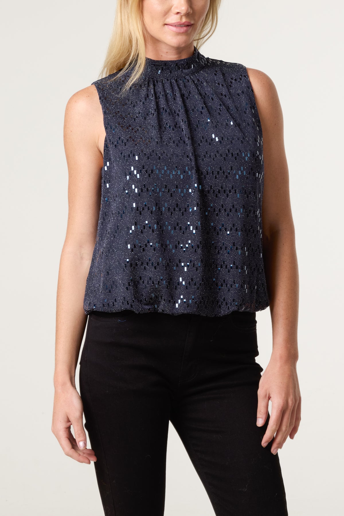 High Neck Lurex Puff Ball Blouse