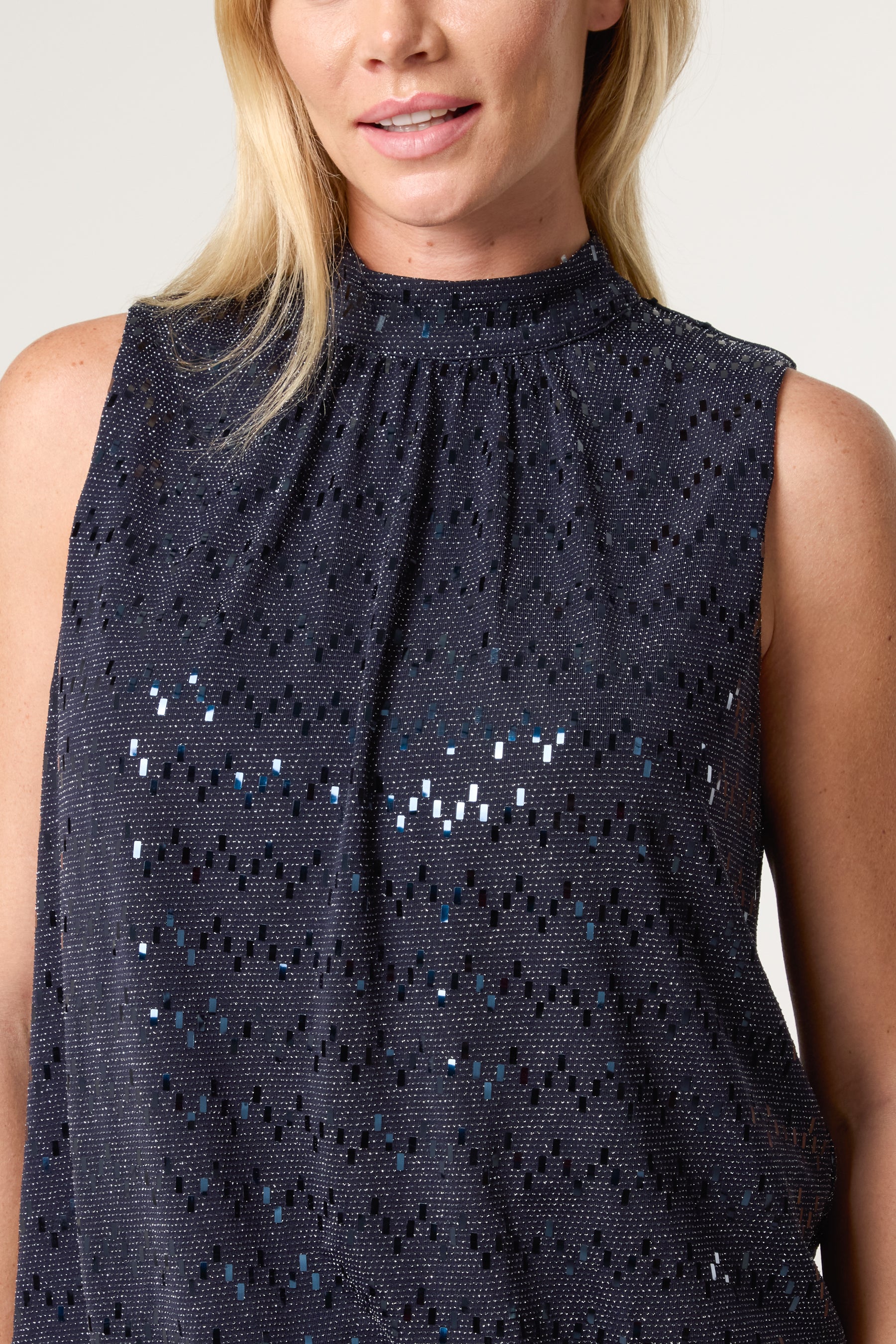 High Neck Lurex Puff Ball Blouse
