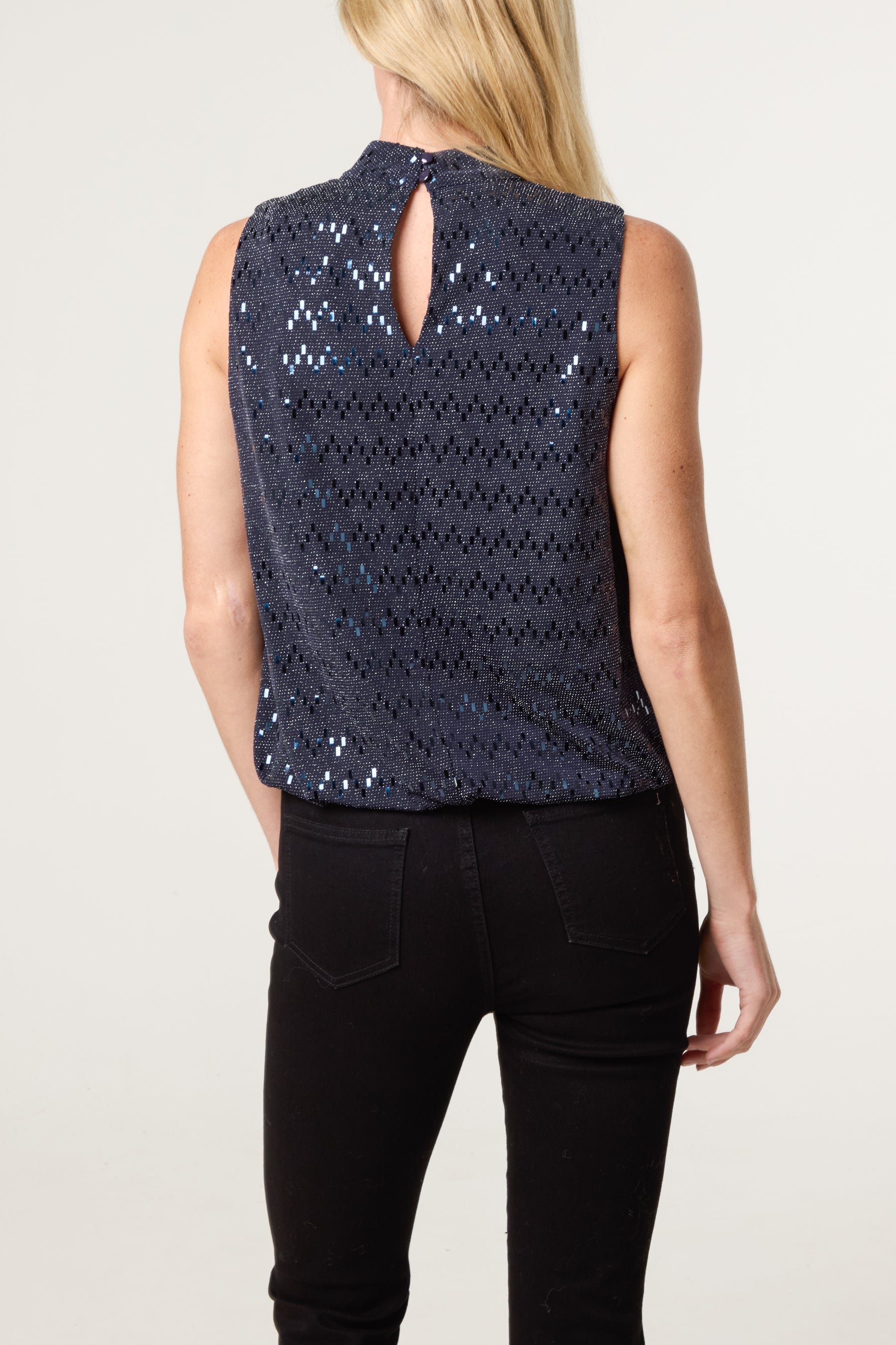 High Neck Lurex Puff Ball Blouse