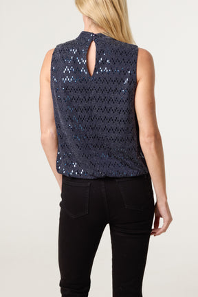 High Neck Lurex Puff Ball Blouse