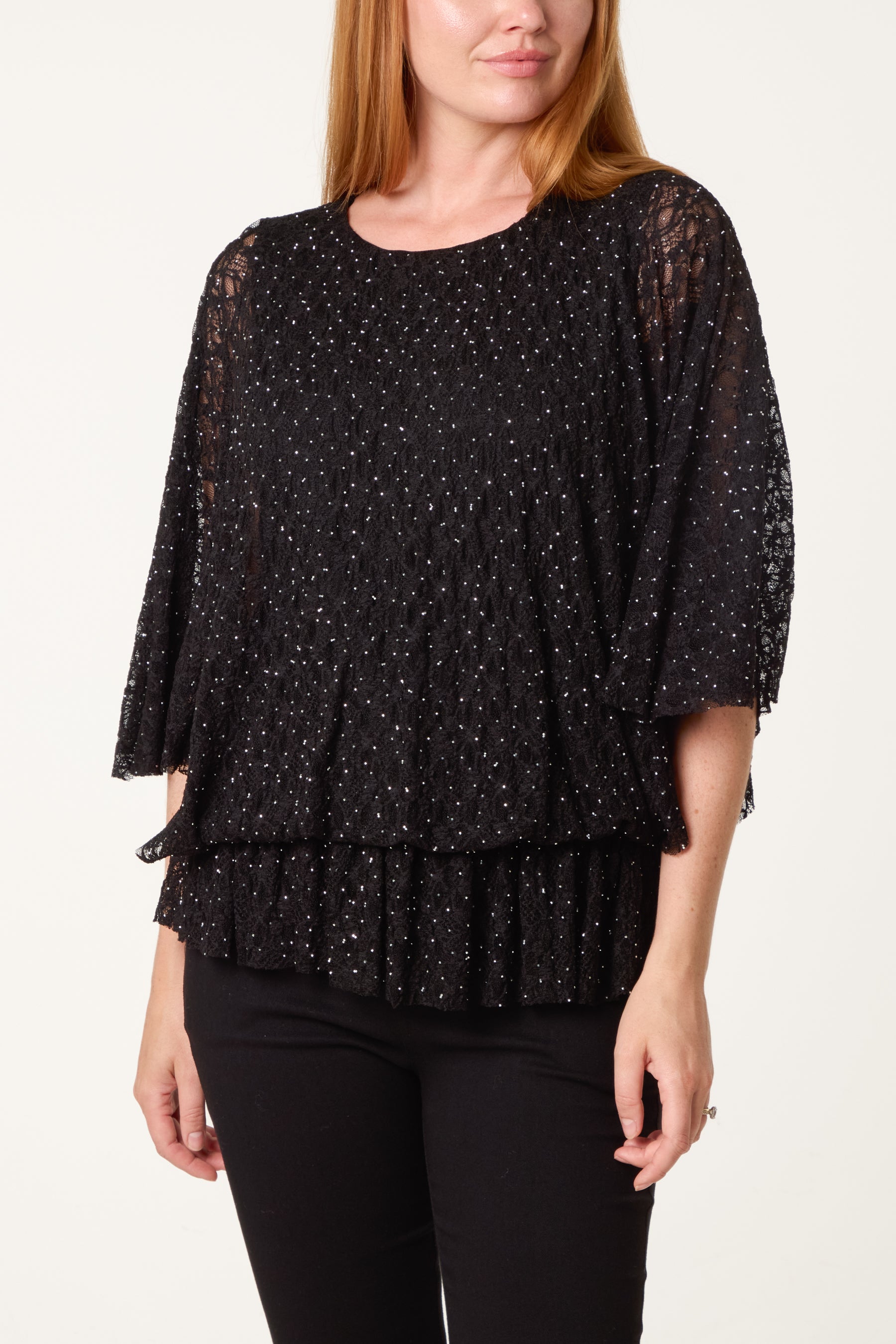 Diamante & Lace Batwing Top
