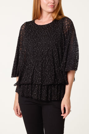 Diamante & Lace Batwing Top