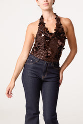 Cowl Neck Disco Sequin Halterneck Top