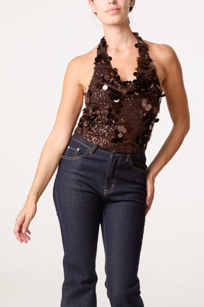 Cowl Neck Disco Sequin Halterneck Top